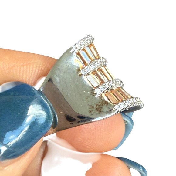 Wide Gold & Silver Tone Statement Ring With Baguette & Round-Cut Crystals 11 - Picture 6 of 8